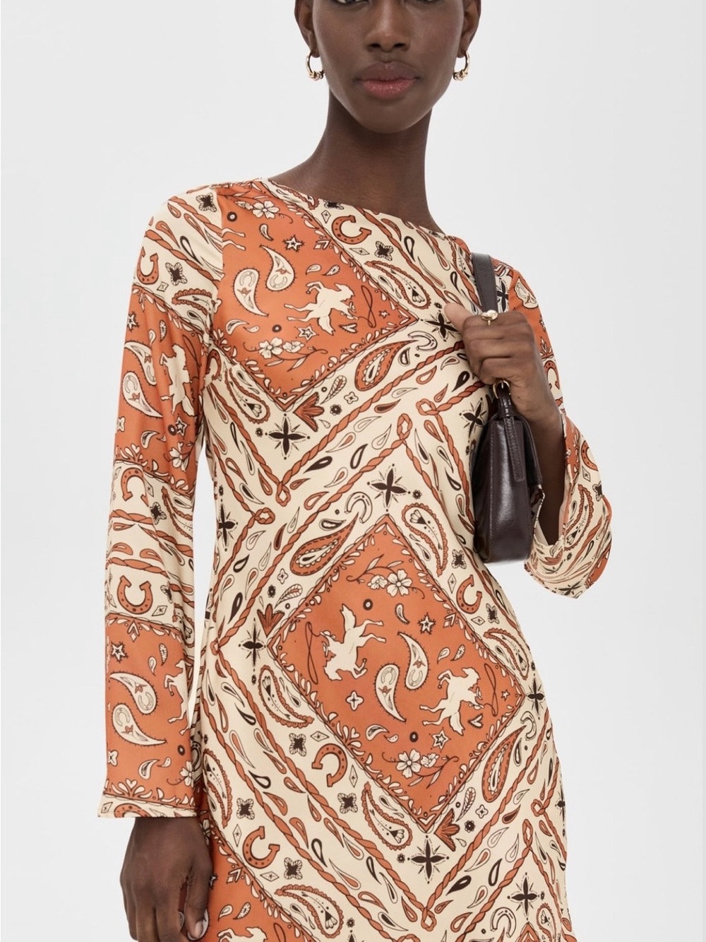Paisley Bandana Long-Sleeve Dress in Rust and Cream
